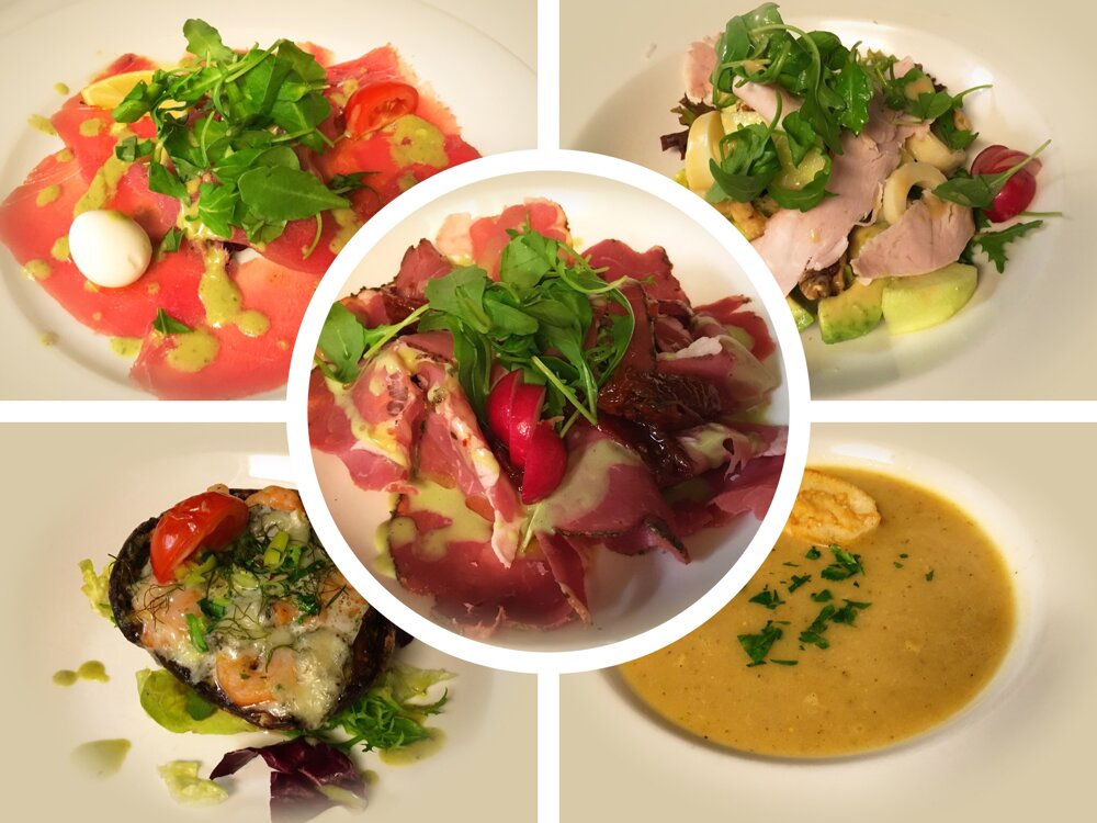 Voorgerechten van Quartier Latin: carpaccio, salade en soep